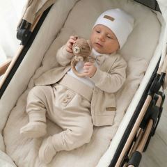 Bavlnená sada, body, nohavice, motýlik a čiapka Elegant Boy 5D, béžová/biela (3)