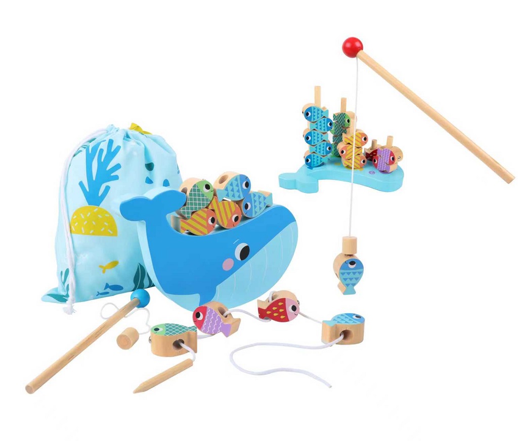 2Kids Toys Motorická hra 3v1 Veľryba – rybárčenie, navliekanie, triedenie, cert. drevo, 3+