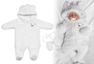 Chlupáčkový overal Luna s kapucí + rukavičky, Baby Nellys, Medvídek, bílý