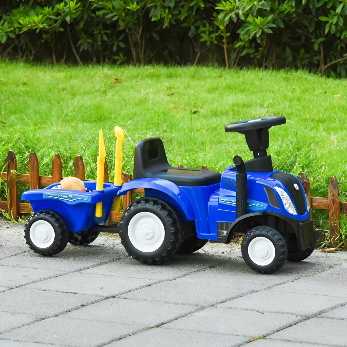 Detské odrážadlo traktor s prívesom, interaktívny volant a zvuky, modrý