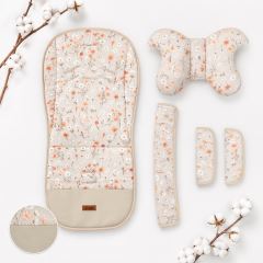 Vložka do kočíka set deluxe 4v1 – obojstranná, velvet a bavlna, kvetinky, béžové