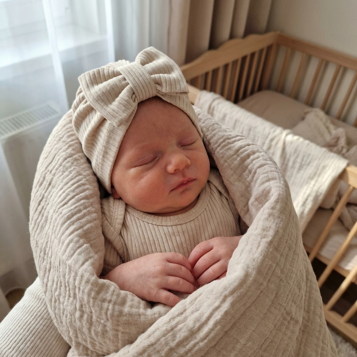 Z&Z Rebrovaná čiapočka s mašličkou - 100% bavlna, jednovrstvová, béžová, 6/12m