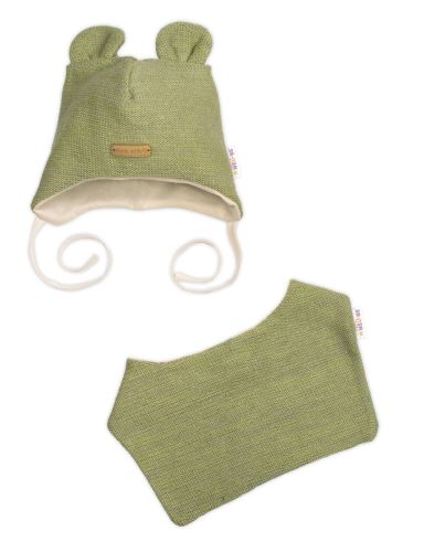 Pletená čepice s bavlněnou podšívkou a šátkem 2v1, Teddy Hand made - oliva