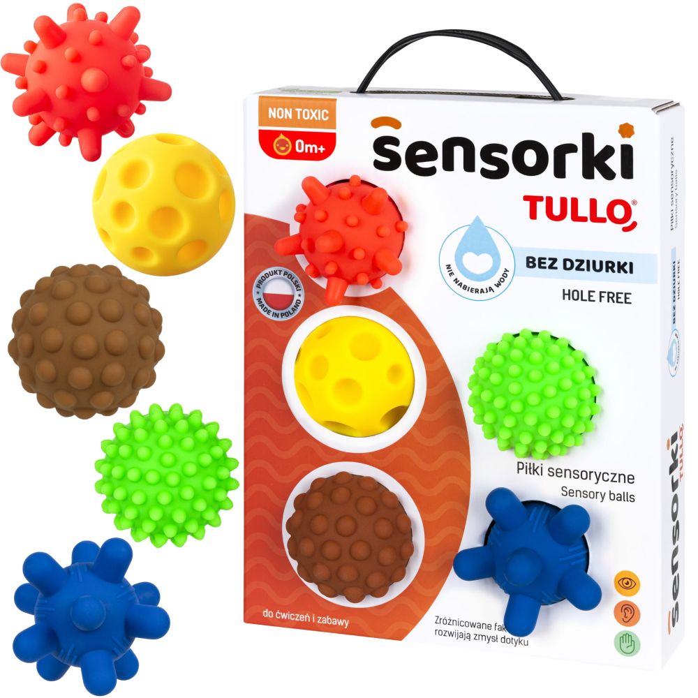 Tullo Senzorické guličky farebné 5 ks bez dierok – 59–77 mm, 0m+, mix farieb