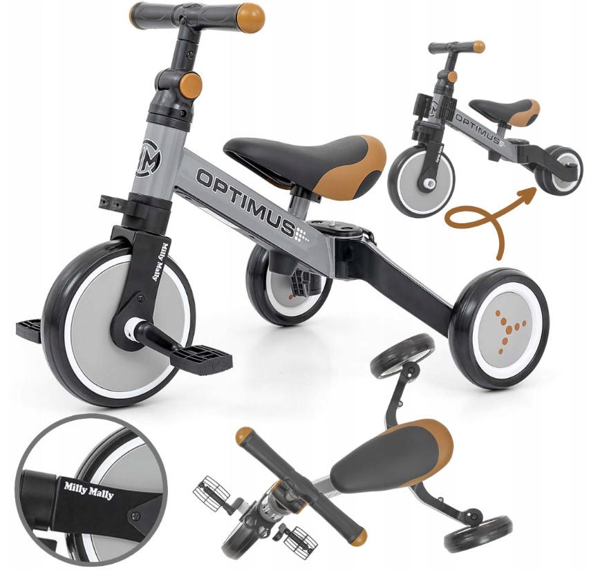 Balančná trojkolka, bicykel, odrážadlo a vodiaca tyč, Optimus Plus 4 v 1, sivá