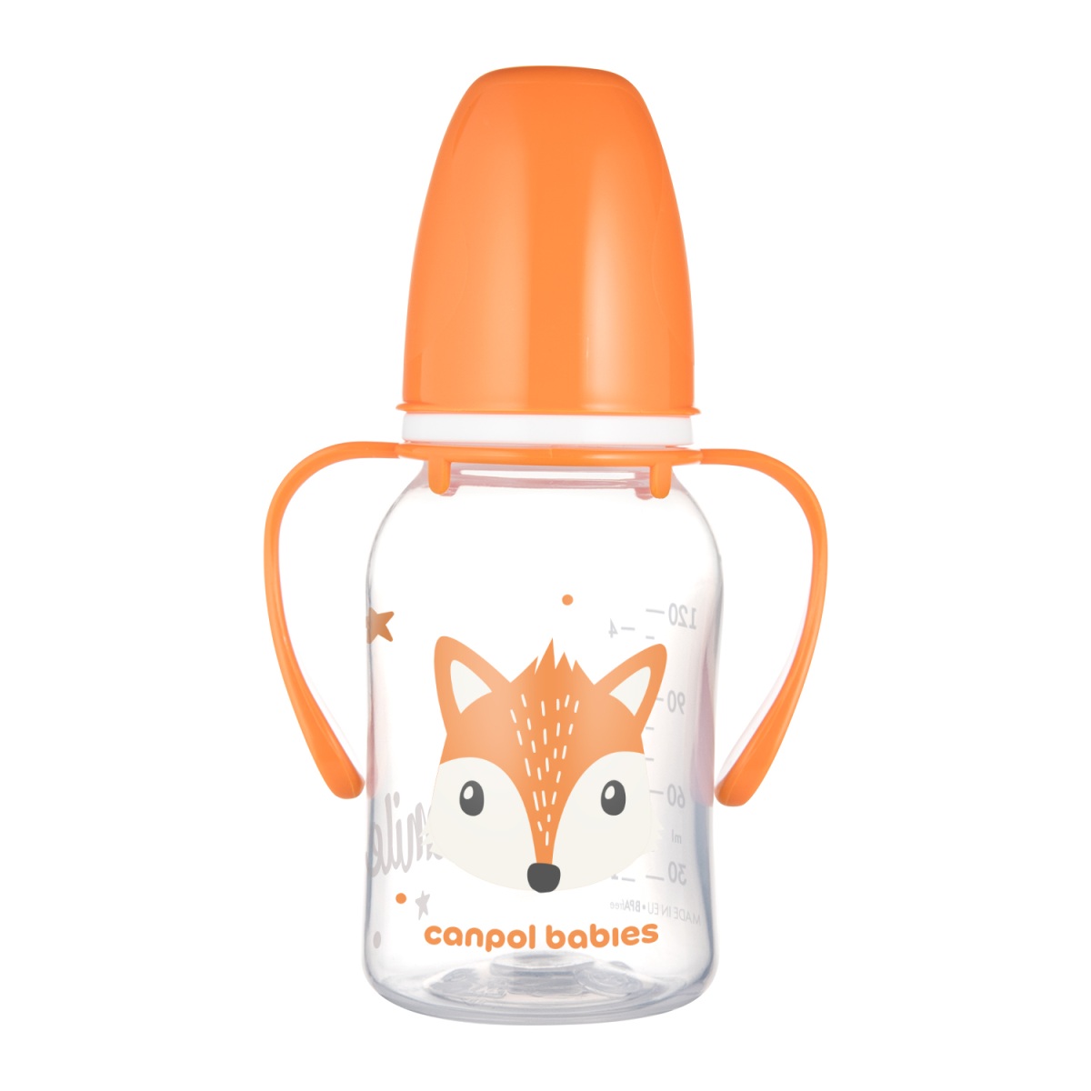 Detská fľaša s držadlami Cute Animals 120 ml – silikónový cumlík, oranž