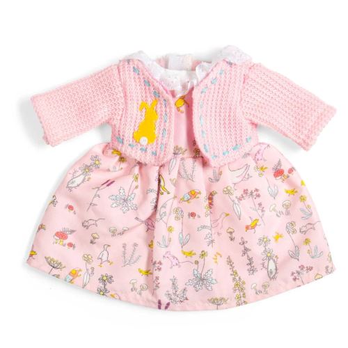 Bigjigs Toys Šaty s motívom prírody a ružový sveter pre bábiku 34 cm