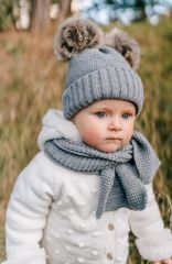 Zimná čiapka s kožušinovými brmbolcami + šál Baby Nellys Star - sivá, 6/24 mesiacov