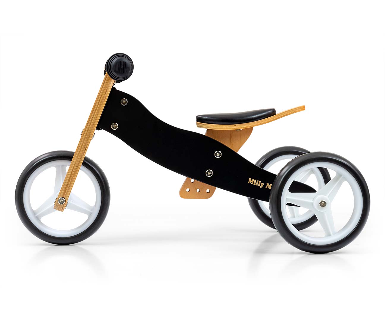 Drevené odrážadlo JAKE 2v1 – trojkolka aj bicykel, 12–36 mesiacov, Milly Mally, čierne