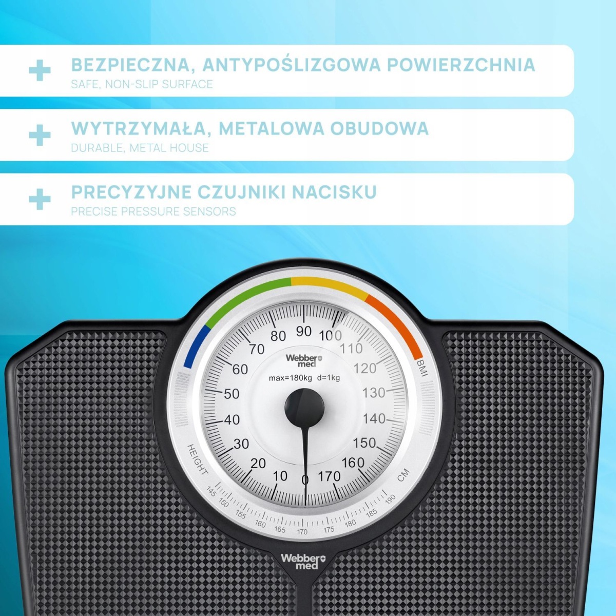 Klasická mechanická analógová kúpeľňová váha s BMI čierna 180 kg