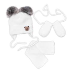 Detská sada, zimná čiapka so šálom + rukavičky 3D, Teddy Bear - biela (1)