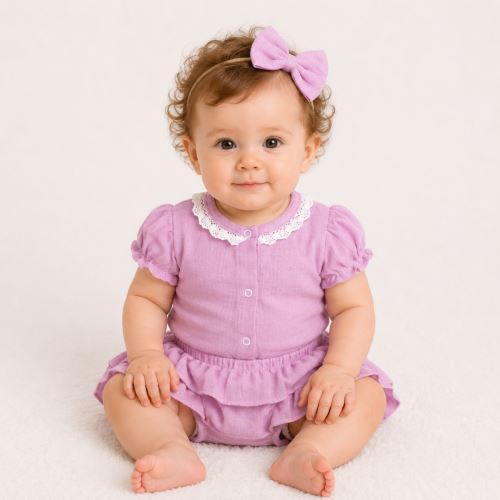 Baby Nellys 3-dílná mušelínová soupravička, body, kraťasky + čelenka GIRL, lila (5)