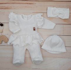 Pletená ažurková sada 4D, tunika, polodupačky, čepička + čelenka Kazum, bílá (1)