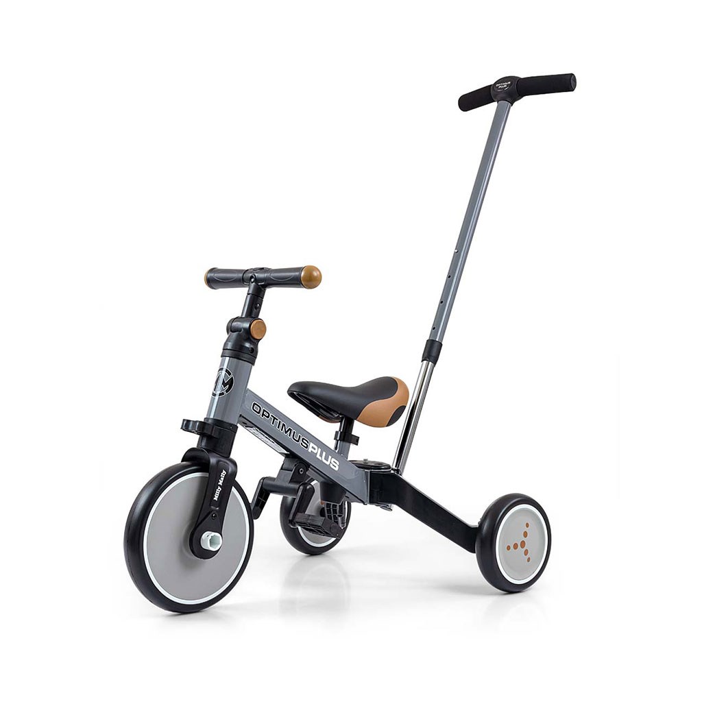 Balančná trojkolka, bicykel, odrážadlo a vodiaca tyč, Optimus Plus 4 v 1, sivá