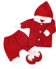 Z&Z 3-dílná pletená souprava, kabátek, kalhoty a botičky Baby Santa, červená (1)