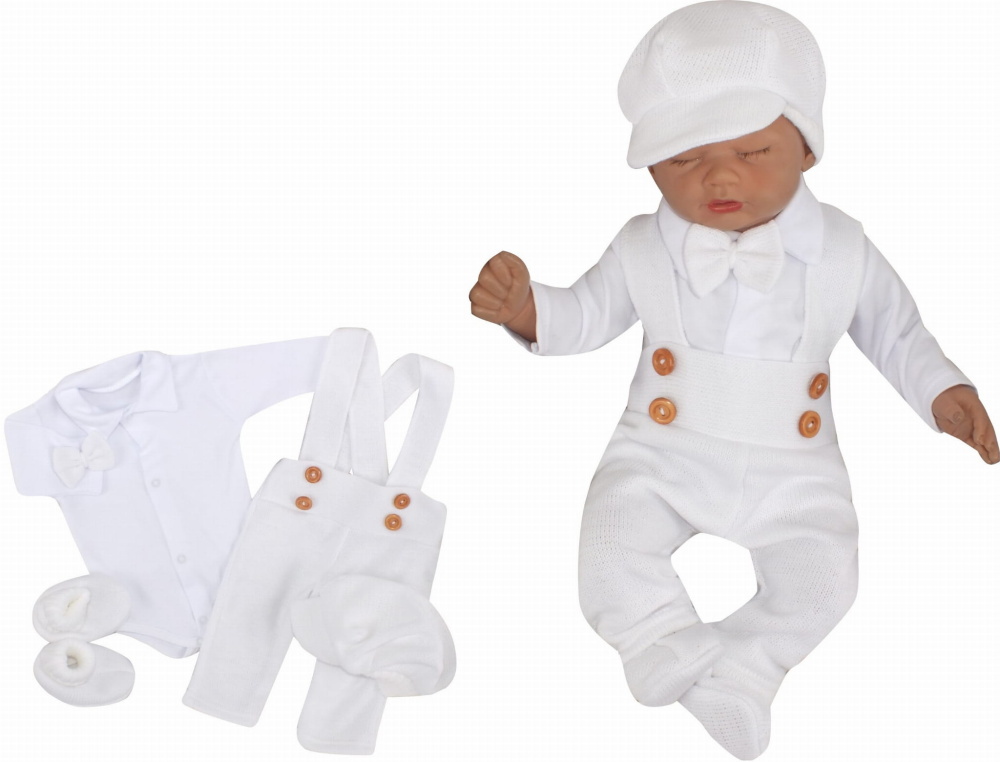 Z&Z 5-dielna pletená sada Boy, body, nohavice, čiapočka motýlik, topánočky, biela, veľ. 86