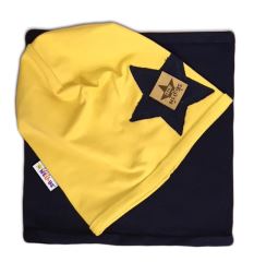 Baby Nellys Bavlněná sada čepička a nákrčník Nelly Star - žlutá/tm.modrá