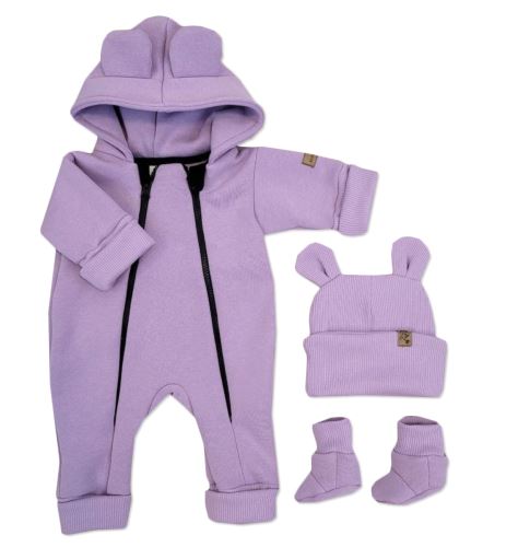 Oteplený dětský overal bez šlapek s kapucí, čepička + botičky, 3D, Kazum, lila (4)