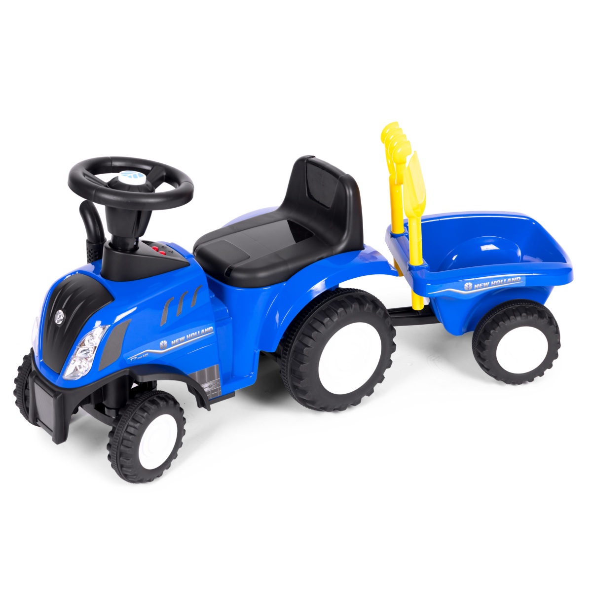 Detské odrážadlo traktor s prívesom, interaktívny volant a zvuky, modrý