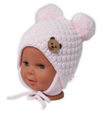 Zimní pletená čepice Teddy Bear na zavazování, růžová, Baby Nellys