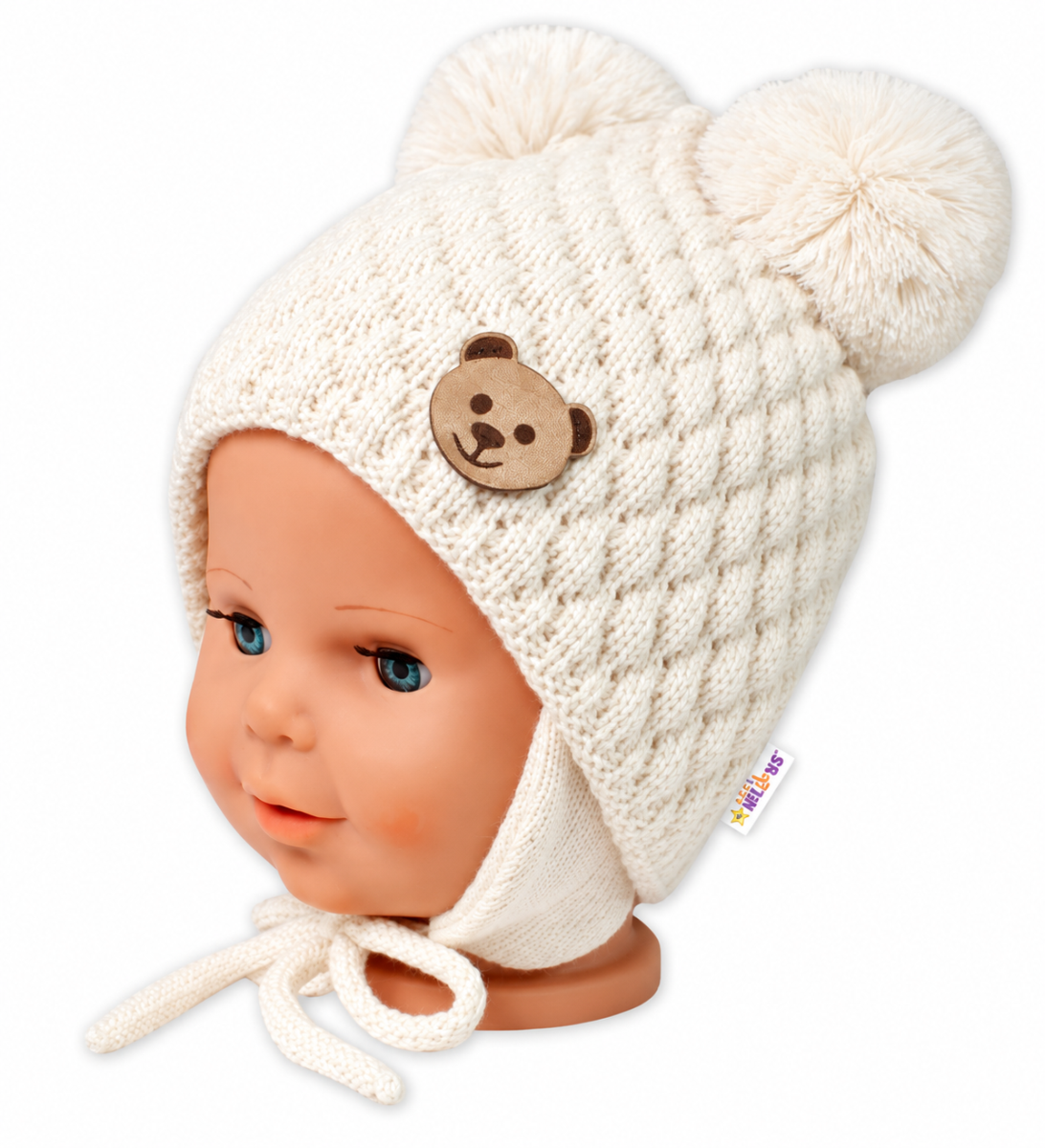 Zimná pletená čiapka Teddy Bear na zaväzovanie, ecru