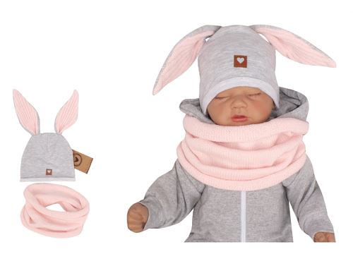 Z&Z Kojenecká bavlněná čepička Zajíček s nákrčníkem, šedá/růžová