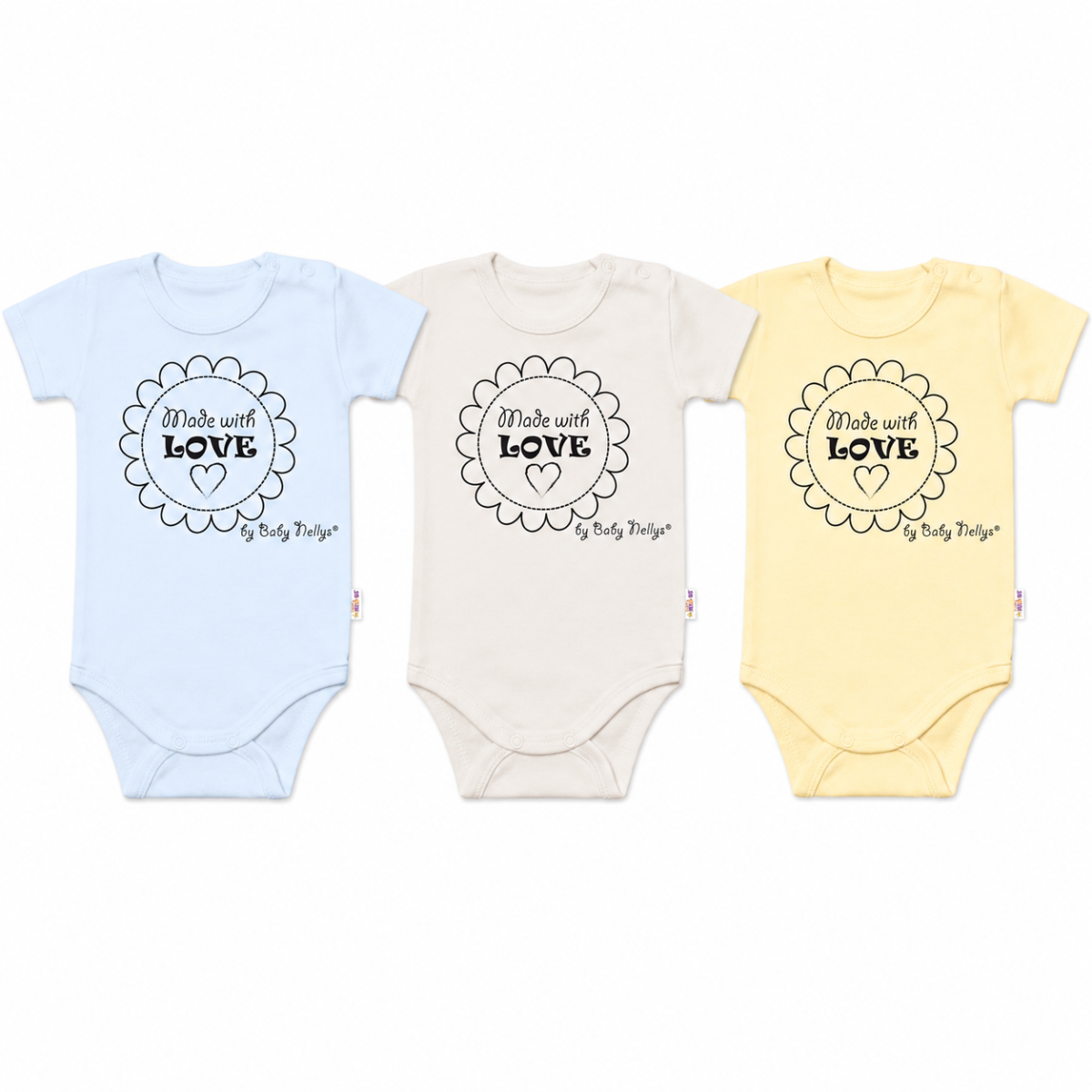 Komplet 3x body Made with love BOY Baby Nellys, vel. 56, modré, žlté, béžové