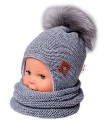 Zimní čepice s fleecem a chlupáčková bambule Star + komínek - šedá, BABY NELLYS (1)