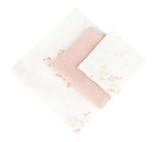 Mušelínové plienky krešované sada 3 ks Flowers Pink – 120×120, 70×60, 30×35 cm