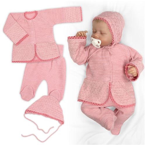 Luxusná pletená sada, kabátik, polodupačky a čiapky, 3D - púdrovo růžová (6)