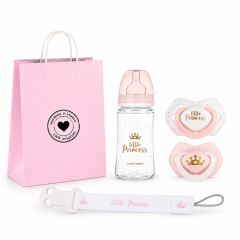 Darčeková sada Little Princess Canpol Babies 6–18m, fľaštička, cumlíky, retiazka, taška
