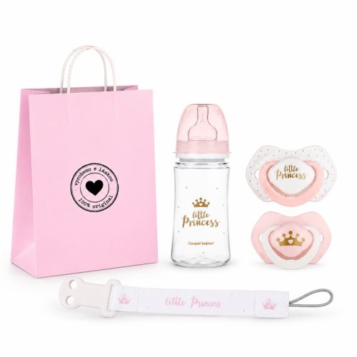 Darčeková sada Little Princess Canpol Babies 6–18m, fľaštička, cumlíky, retiazka, taška