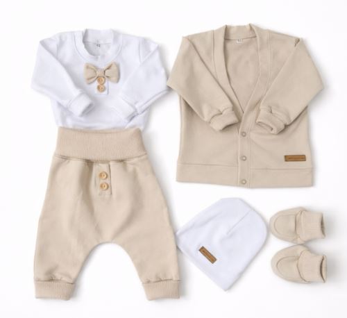 Bavlnená sada, body, nohavice, motýlik a čiapka Elegant Boy 5D, béžová/biela