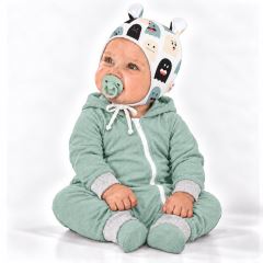 Baby Nellys Kojenecká čepička s oušky na zavazování - Příšerky, bílá/mátová Baby Nellys Kojenecká čepička s oušky na zavazování - Příšerky, bílá/mátová