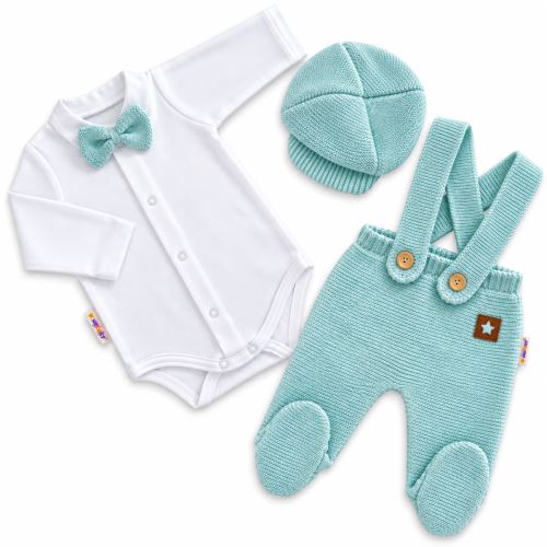 Pletená súprava Gentleman 3D, body, polodupačky s laclom, čiapočka, mätaová