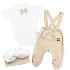 Bavlněná souprava Gentleman 3D, body kr. rukáv, polodupačky s láclem, čepička, béžová/bílá (4)