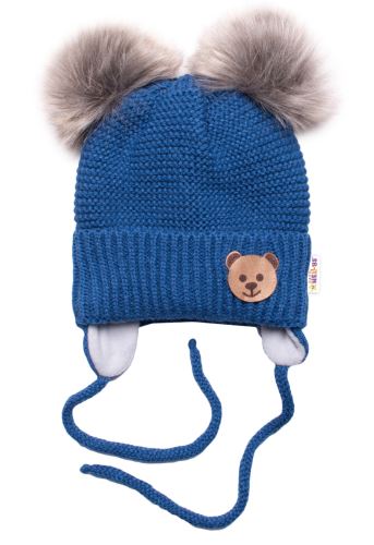Zimná čiapka s fleecom Teddy Bear - chlupáčk. bambuľky - tm. modrá, šedá