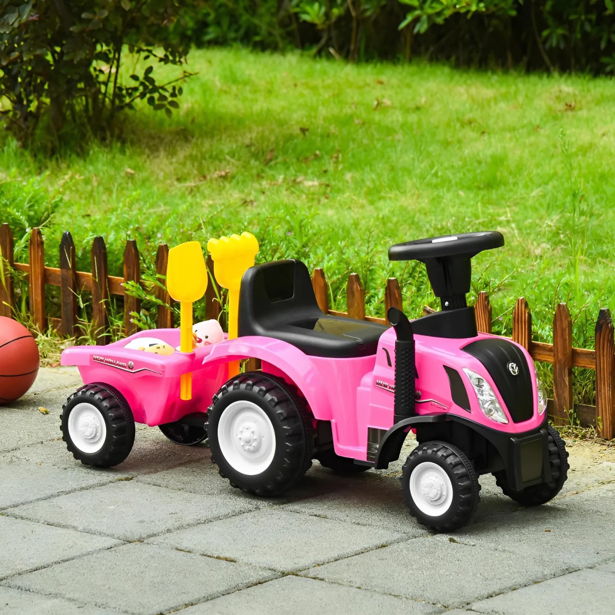 Detské odrážadlo traktor s prívesom, interaktívny volant so zvukmi, ružové