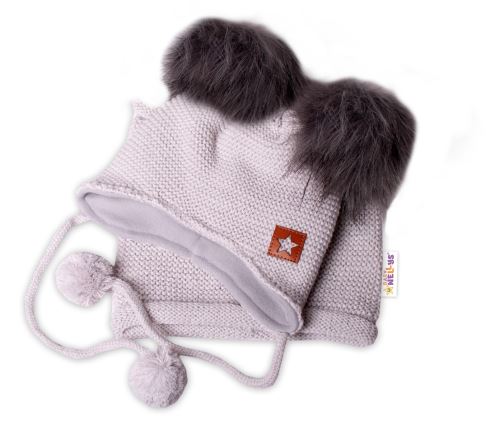 Zimní čepice s fleecem a chlupáčkové bambulky Star + komínek - šedá, BABY NELLYS