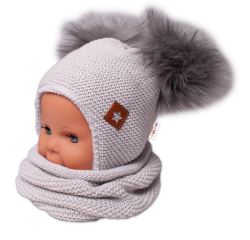 Zimní čepice s fleecem a chlupáčkové bambulky Star + komínek - šedá, BABY NELLYS (1)