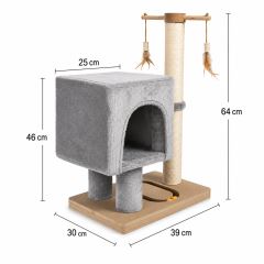 Škrabadlo pre mačky Cat Tree 64 cm s úkryt – MDF, sisal, plyš, svetlosivá (1)