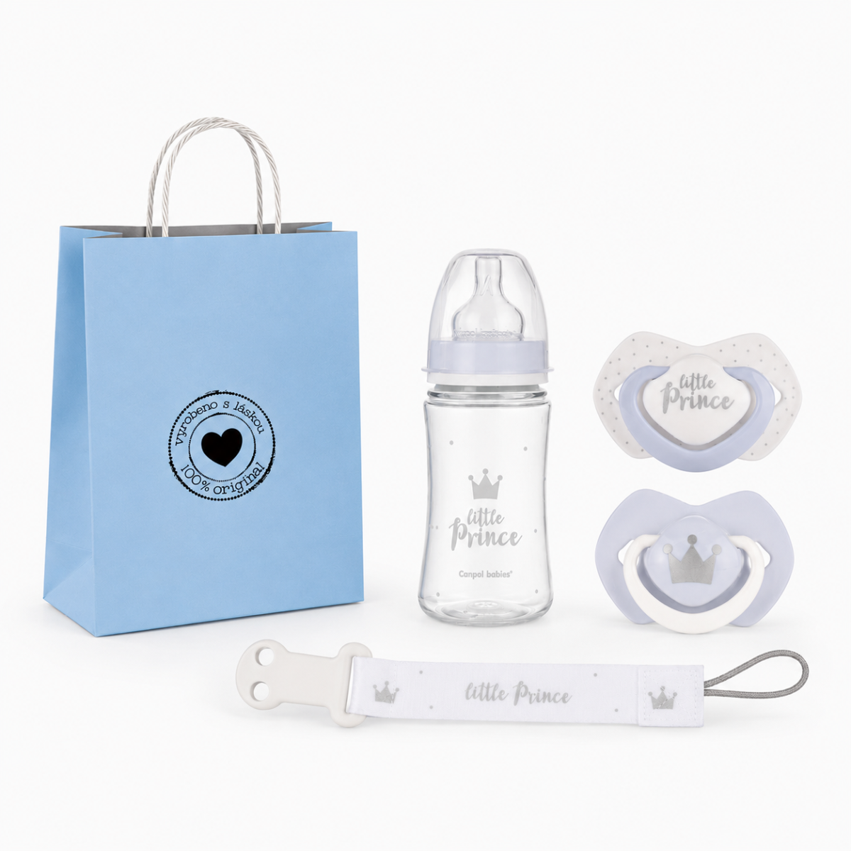Darčeková sada Little Prince Canpol Babies 6-18m - fľaštička, cumlíky, retiazka + taška za