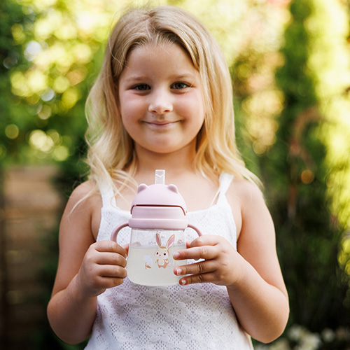 BabyOno Nevylievací hrnček so záťažovou slamkou 240 ml, ružový, Zajačik