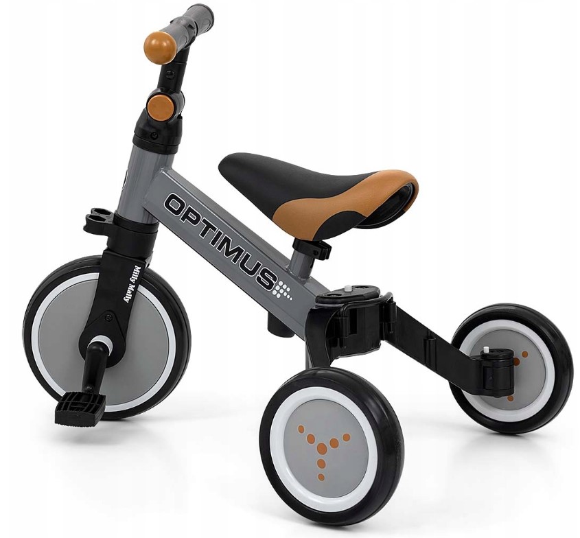 Balančná trojkolka, bicykel, odrážadlo a vodiaca tyč, Optimus Plus 4 v 1, sivá