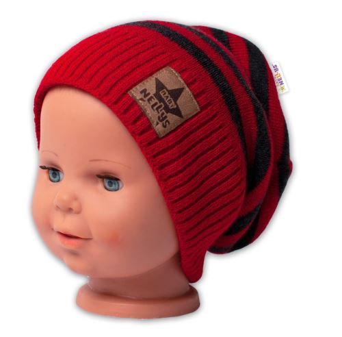 BABY NELLYS Jesenná/zimní prúžkovaná čiapka - červená/grafit (2)